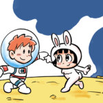 9月のイラストは月面でウサギとダンス