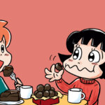 バレンタインチョコを一緒に食べるみよちゃんと田辺くんのイラスト