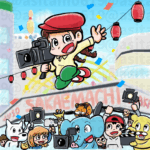 赤いハンチング帽をかぶったおさげの女の子が映画用のカメラを担いで十三の栄町商店街の前で青空をバックにジャンプ。周りには動物や人が入り混じった映画の撮影クルーたち。